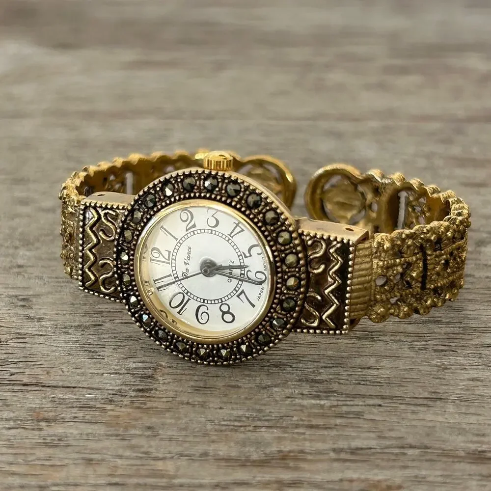 Vintage High Fashion Watch by Da Vanci Gold-tone Hinged Cuff unworking